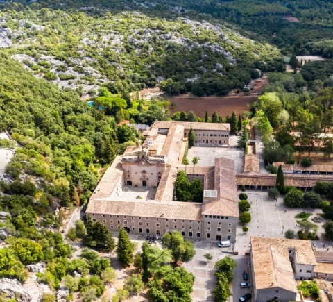 Aerial view of the Monastery of Lluc in the Serra de Tramuntana mountain range